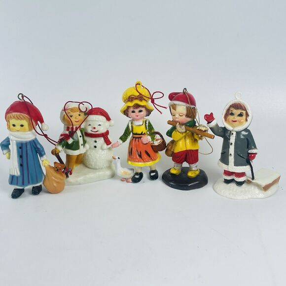 Lot 5 VTG Bradford Hong Kong Hard Plastic Children Playing Christmas Ornaments - Picture 1 of 15